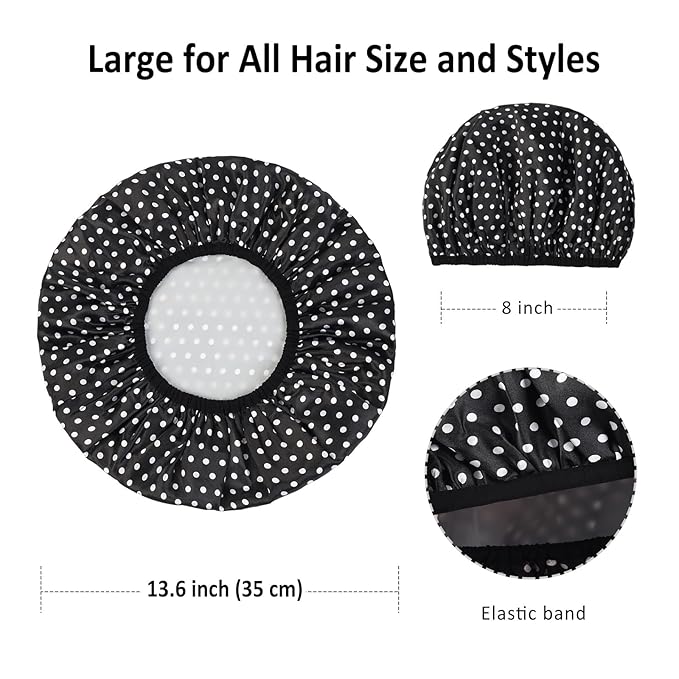 2-Pack Reusable Waterproof Shower Caps for Women, Double-Layer Elastic Bath hat,Extra Large Hair Cap for Long Curly Hair（Black, Pink）