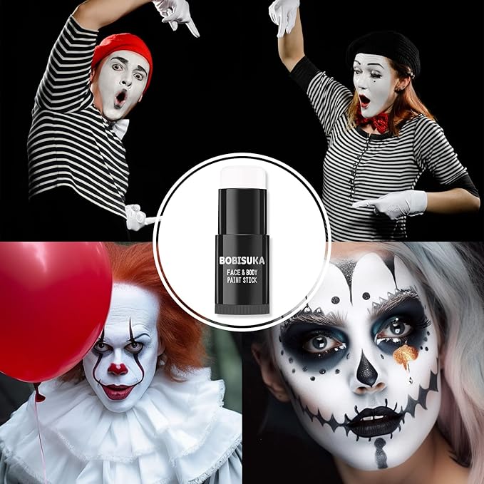 BOBISUKA White Face Paint Stick + Setting Powder+ 2 Paintbrushes Set, Clown Makeup Body Paint Eye Black Sticks for Sports, White Painting Kit for Halloween Skeleton Skull Special Effects SFX