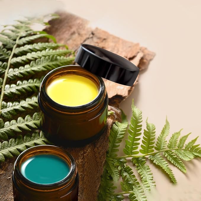 1 Oz Amber Round Glass Jars with Inner Liners and Black Lids(12PCS) Empty Cream Containers Refillable Cosmetic Vials for Cosmetics, Lotions, Ointment, Body Scrubs & Balms