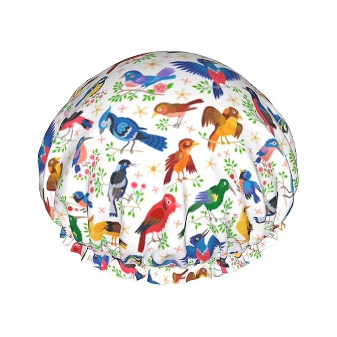 Birds Pattern Shower Cap For Women Reusable Waterproof Double Layers Bath Cap Hair Protection Elastic Ladies Spa Salon Shower Hat