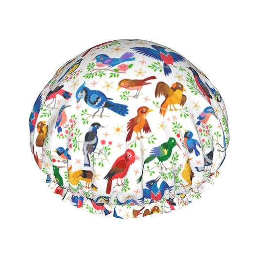 Birds Pattern Shower Cap For Women Reusable Waterproof Double Layers Bath Cap Hair Protection Elastic Ladies Spa Salon Shower Hat