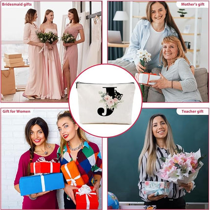 Floral Cat Initial Makeup Bag, Personalized Skin Care Bag, Travel Organizer Toiletry Bags for Women Mom Friends, Cosmetic Bags Makeup Pouch with Zipper, Letter J