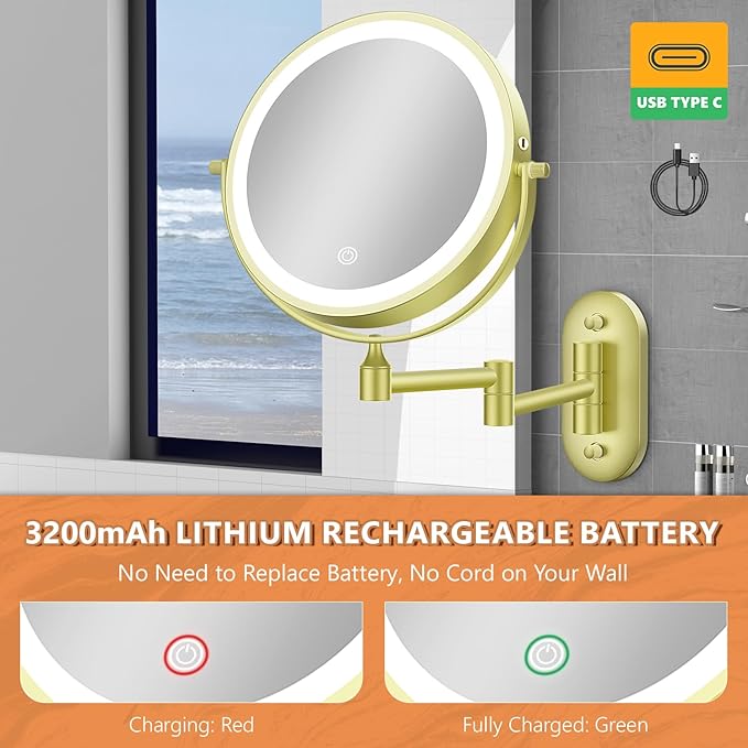 1X/20X Wall Mounted Makeup Mirror with Light, 8" Rechargeable Double-Sided Magnifying Mirror, Vanity Mirror Dimmable 3 Color Light, 360° Extension Rotation Foldable 14.5 Inch Arm for Bathroom