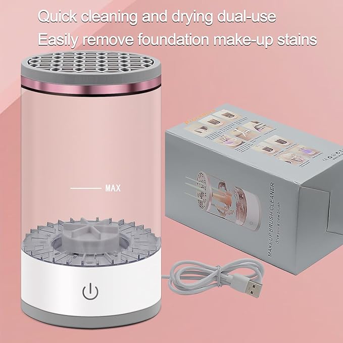 Electric Makeup Brush Cleaner Machine: Portable Face Beauty Brushes Cleaning Blender with Silicone Holder, Facial Care Tool Washer, Sponge Washing Device, Girls Travel Cosmetic Organizer (White)
