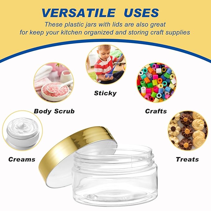 Dandat 24 Pcs 4 oz Plastic Jar Container with Lid and Label Refillable Empty Round Clear with Gold PET Cosmetic Sample Containers for Lotion, Cream, Ointments, Body Butter, Makeup, Travel Storage