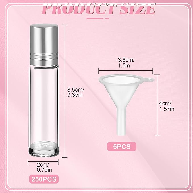 Sumind Essential Oil Roller Bottles - 250 Pcs, 10 ml Glass, Stainless Steel Roller Balls, Leakproof, Funnel Included(Clear with Silver Cap)
