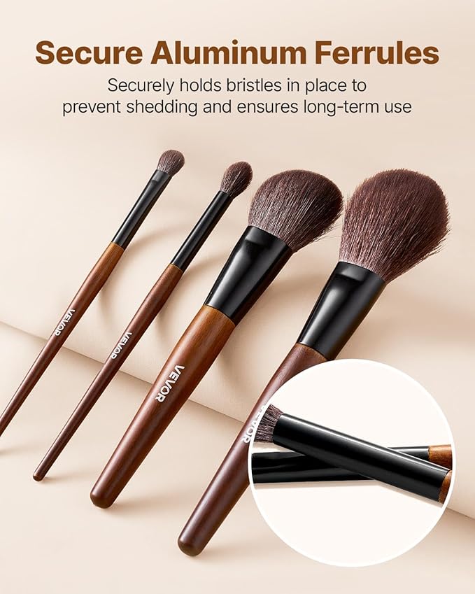 VEVOR 9-Piece Makeup Brush Set for Foundation Blending Eyeshadow, Professional Makeup Brush Kit with Soft Natural Wool & Vegan Synthetic Bristles, Ergonomic Wood Handle, Travel-Friendly Storage Bag