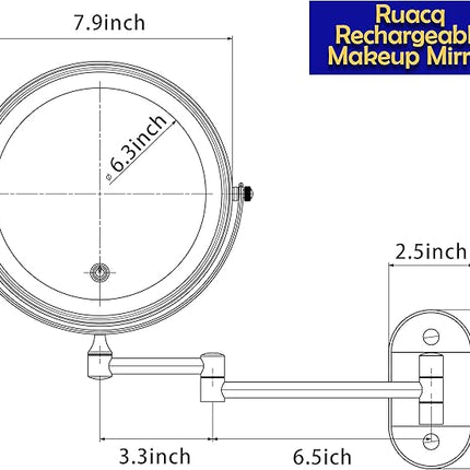Ruacq Rechargeable Makeup Mirror Matte Black Double Sided Vanity Mirror with Lights Round 1x/10x Magnification 8 Inch Led Magnifying Mirror Stainless Steel and Zinc Alloy Modern Wall Mounted