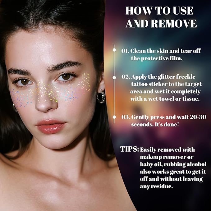 24pcs Glitter Freckles Face Tattoo - Holographic Face Sparkle Freckles Temporary Tattoos for Women Girls, Waterproof & Long Lasting Freckles Makeup Patches for Party, Concerts, Daily Accessories