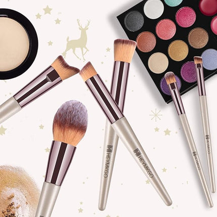 Makeup Brushes Set, HEYMKGO Portable Makeup Brush Set Professional Champagne Gold Premium Synthetic Foundation Brush Powder Concealers Eye Shadows Blush with Cosmetic Bag 10PCS Common Types