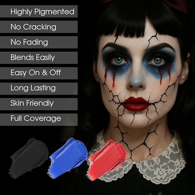 BAD COLOR 3PCS Red Black Royal Blue Face Body Paint Stick Makeup for Skull Vampire Clown Joker SFX Cosplay & Dress Up, Full-Coverage Halloween Facepaint Makeup Kit