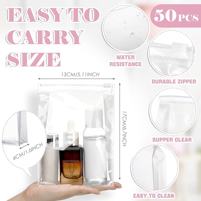 Xuniea 50 Pcs Mini Clear Makeup Bag Small Clear Zipper Pouch Travel Plastic Cosmetic Organizer Waterproof for Toiletries Swimsuit Bikini Bathing Suit(5'',Transparent)