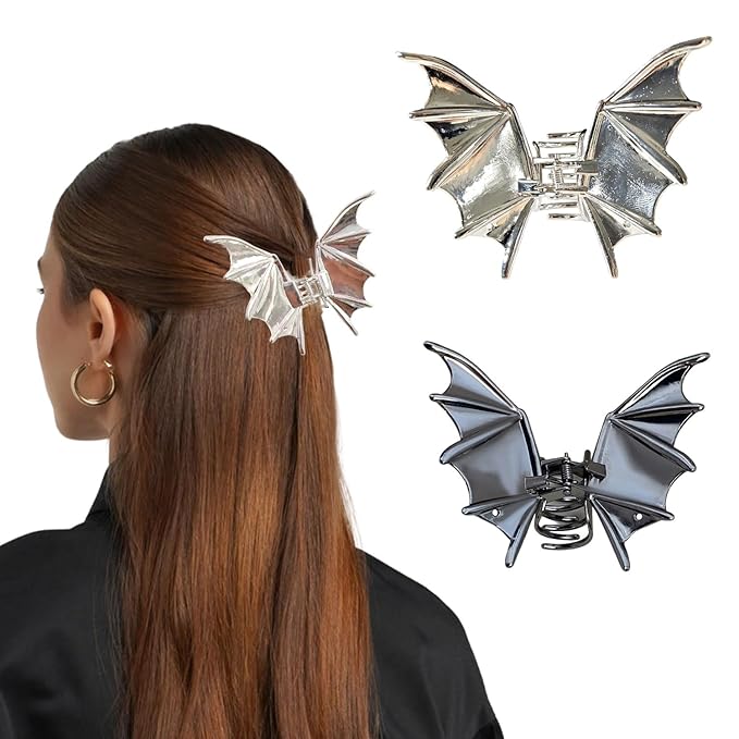 2Pcs Halloween Hair Claw Clips Black and Silver Bat Hair Styling Accessories for Women Girls, Gothic Large Medium Size Catch Clips for thick Hair Holiday Gifts ﻿