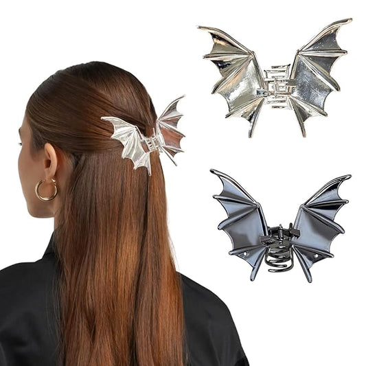 2Pcs Halloween Hair Claw Clips Black and Silver Bat Hair Styling Accessories for Women Girls, Gothic Large Medium Size Catch Clips for thick Hair Holiday Gifts ﻿