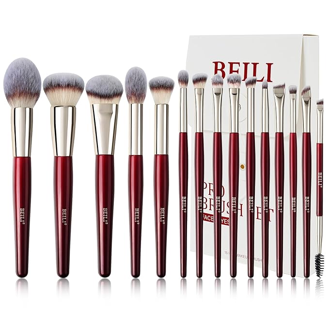 BEILI Makeup Brushes 15Pcs Professional Eyeshadow Brush Set Premium Synthetic Makeup Brushes for Liquid, Cream & Powder Eyeshadow(Red)