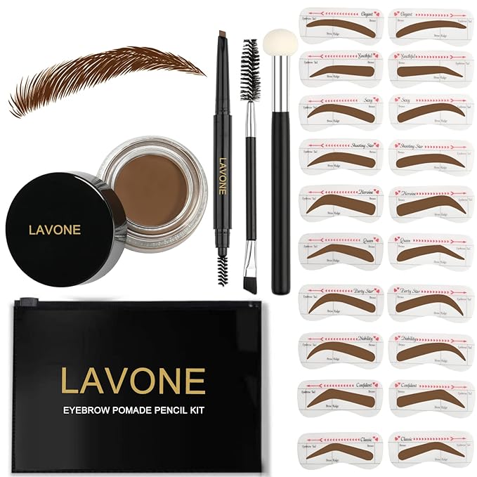 LAVONE Eyebrow Stamp Stencil Kit for Eyebrows, Brow Stamp Trio Kit with Waterproof Eyebrow Pencil, Eyebrow Pomade, 20 Eyebrow Stencils, Dual-ended Eyebrow Brush and Sponge Applicator - Auburn