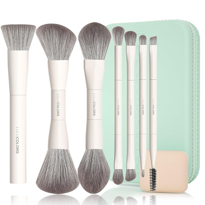13-in-1 Dual-Ended Makeup Brush Set with Sponge & Travel Case – 7 Multi-Functional Brushes for Face & Eyes – Soft Bristles, Wooden Handles – Available in Cream, Green, or Pink (Mint Green)