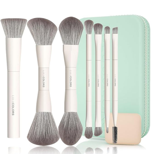 13-in-1 Dual-Ended Makeup Brush Set with Sponge & Travel Case – 7 Multi-Functional Brushes for Face & Eyes – Soft Bristles, Wooden Handles – Available in Cream, Green, or Pink (Mint Green)