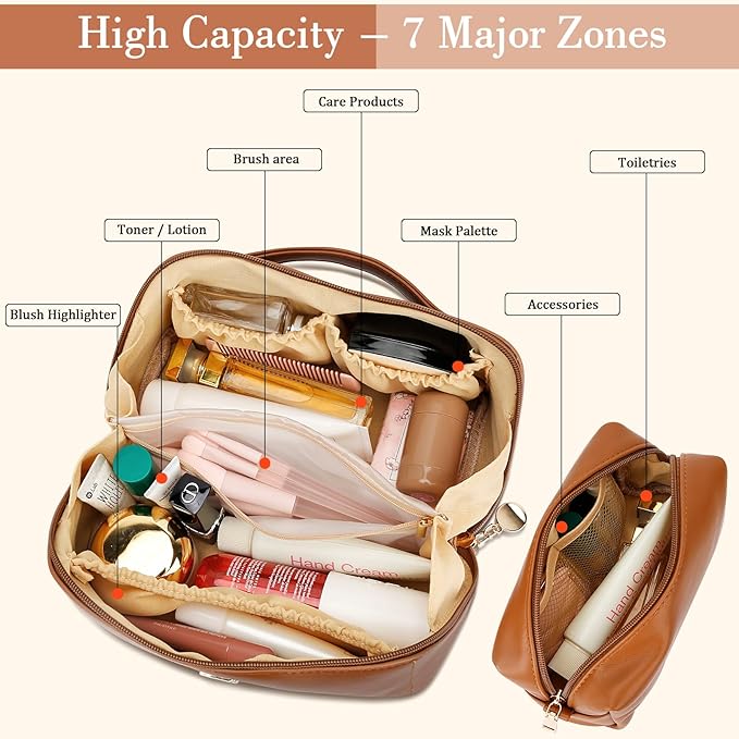 Birthday Gifts for Women Teen Girl, Personalized Initial Makeup Organizer Bag Set, Open Flat Travel Cosmetic Bag With Clear Divider and Handle(Brown,N)