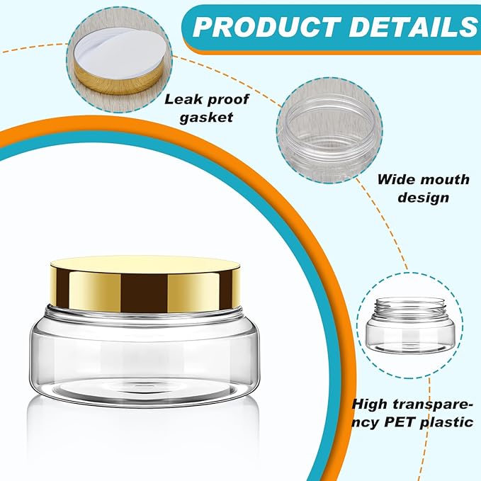 Tessco 24 Pack Plastic Jars with Lids Labels Empty Clear Plastic Jars Round Refillable Cosmetic Containers Body Butter Containers Bulk Sugar Scrub Bottle for Make Up(5 oz,Gold)