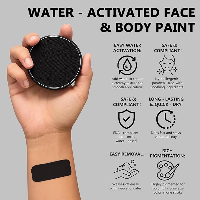 Black Face Body Paint Kit for Kids & Adults, Non-Toxic Water-Based Professional Face Painting Palette with Brushes for Halloween Clown Goth Vampire SFX Makeup, Art Stage Cosplay Parties