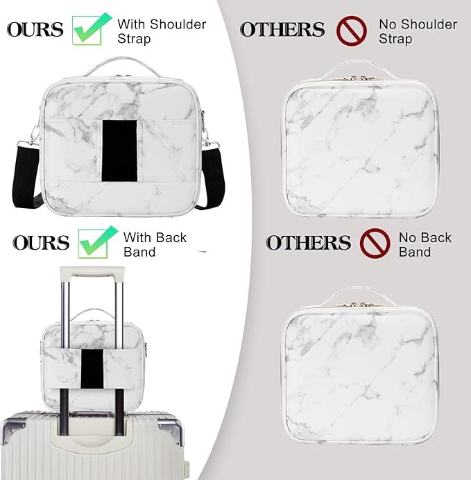 Travel Makeup Bag 10.4 Inches Portable Makeup Train Case Cosmetic Bag Organizer with Adjustable Dividers and Shoulder Strap for Cosmetics Brushes Toiletry Jewelry Digital Accessories (Marble)