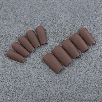 Matte Brown Press on Nails Long Square, KXAMELIE Medium Coffin Nails Press ons Long Glue on Nails Natural Thick Fake Long Nails Acrylic Nails Reusable 24 Fake Nails Solid Color False Nails for Women