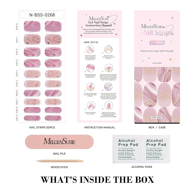 MelodySusie Semi Cured Gel Nail Strips, 20 PCS Gel Nail Stickers, Gel Nail Wraps, UV Light Required, Durable and Salon Quality (Nude Pink Marble)