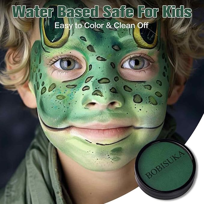 BOBISUKA Dark Green Face Body Paint, Water-Based Face Painting Kit & Body Paints, Kids Adults Facepaint for Halloween Zombie Camo Hunting Orcs Alien SFX Makeup, Costume Cosplay Party Theater & Stage
