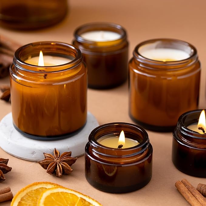 KEYWING 2oz Small Glass Jars, 35 Pack Amber Glass Cosmetic Jars with Black Lids, Round Sample Container with Inner Liners for Cream, Lotions, Powders and Ointments