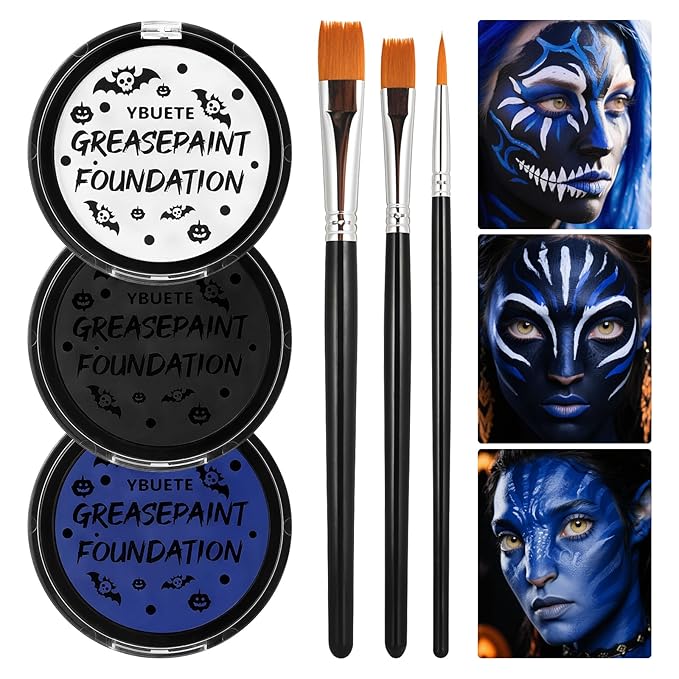 Blue Black White Oil Based Face Paint Kit with Painting Brushes, Professional Full Coverage Greasepaint for Adults Halloween Cosplay SFX Avatar Smurf Mermaid Makeup Stage Theater