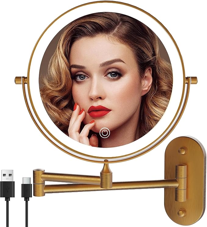 Rechargeable Wall Mounted Lighted Makeup Vanity Mirror 8 Inch Double Sided 1X 10X Magnifying Bathroom Mirror, 3 Color Lighting, Touch Screen Dimming, 360 Rotation Shaving Mirror…