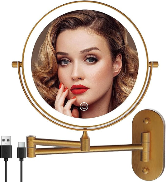 Rechargeable Wall Mounted Lighted Makeup Vanity Mirror 8 Inch Double Sided 1X 10X Magnifying Bathroom Mirror, 3 Color Lighting, Touch Screen Dimming, 360 Rotation Shaving Mirror…