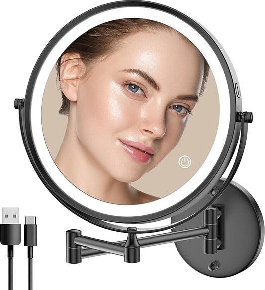 Rocollos 9" Wall Mounted Lighted Makeup Mirror, Large Double Sided 1X/10X Magnifying Mirror, 3 Color LED Vanity Mirror, Touch Dimmable 360° Swivel Light Up for Bathroom
