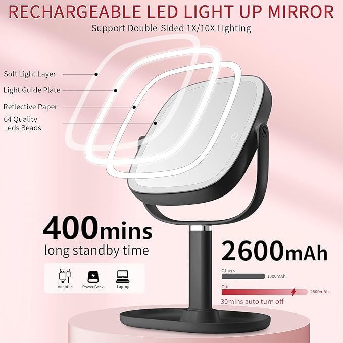 Lighted Makeup Mirror, 2600mAh Rechargeable 1x/10x Magnifying Vanity Mirror, 8.5" Height Adjustable Makeup Mirror with Lights 3 Color, 360° Rotation 2-Sided Light up Large Desk Mirror - Black