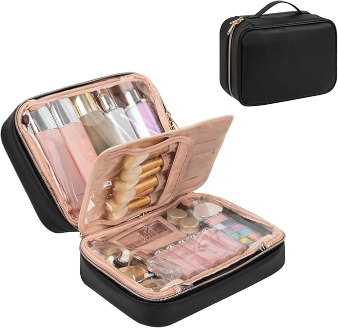 OCHEAL Makeup Bag, Makeup Travel Bag Large Capacity Waterproof Cosmetic Organizer Bag, with Makeup Brush Compartment & Handle for Women Girls Travel Toiletry Accessories-Black