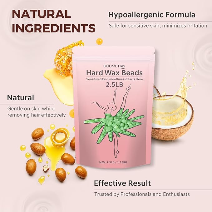 Wax Beads 2.5lb, Bouvetan Hard Wax Beans for Hair Removal, Sensitive Skin, Ideal Beads for Bikini, Legs, Eyebrow, Facial, Brazilian, Full Body Waxing (Aloe)
