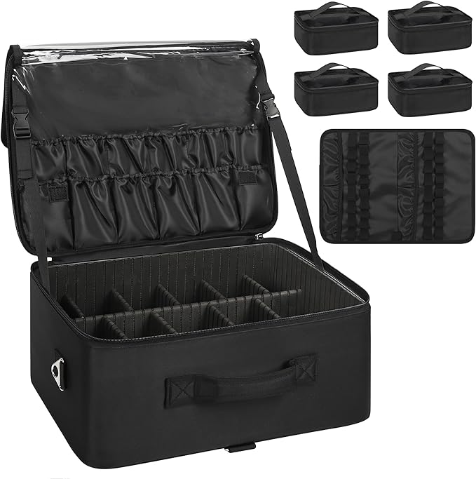 Relavel Extra Large Cosmetic Case, Travel Makeup Bag with 4 Clear Pouches & Lipstick Plate, Portable Cosmetic Case Storage Organizer Box for Makeup Artists with Shoulder Strap & Adjustable Dividers