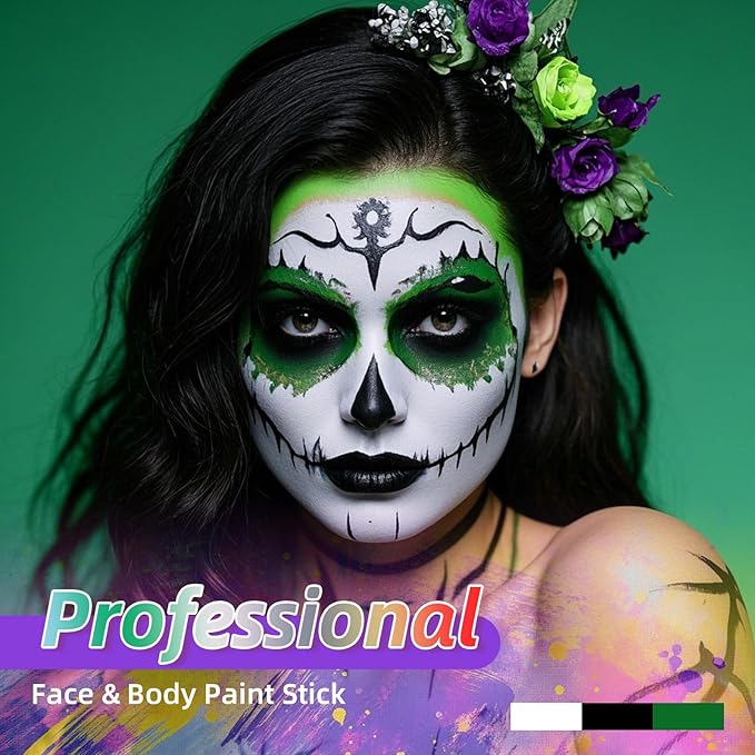 3Pcs Face Body Paint, Professional Paint for Halloween Cosplay Costume Party, Full-coverage Multi-Color Cream Makeup Body Paint for Adult Halloween Cosplay SFX Makeup Paint (Black+Green+White)