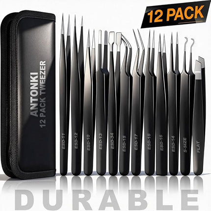 Antonki 12 Pack Precision Tweezers Set for Craft, Soldering, Jewelry, Facial Hair, Eyebrow, Ingrown Hair Removal, Eyelash Extension- with Case