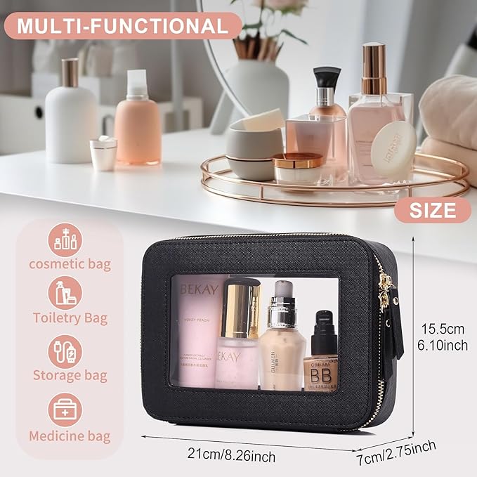 Pinkmik Clear Makeup Bag for Women Waterproof Travel Cosmetics and Toiletries Case Portable Makeup Oaganizer Bag Clear Car Bag with Zipper (Black, M)