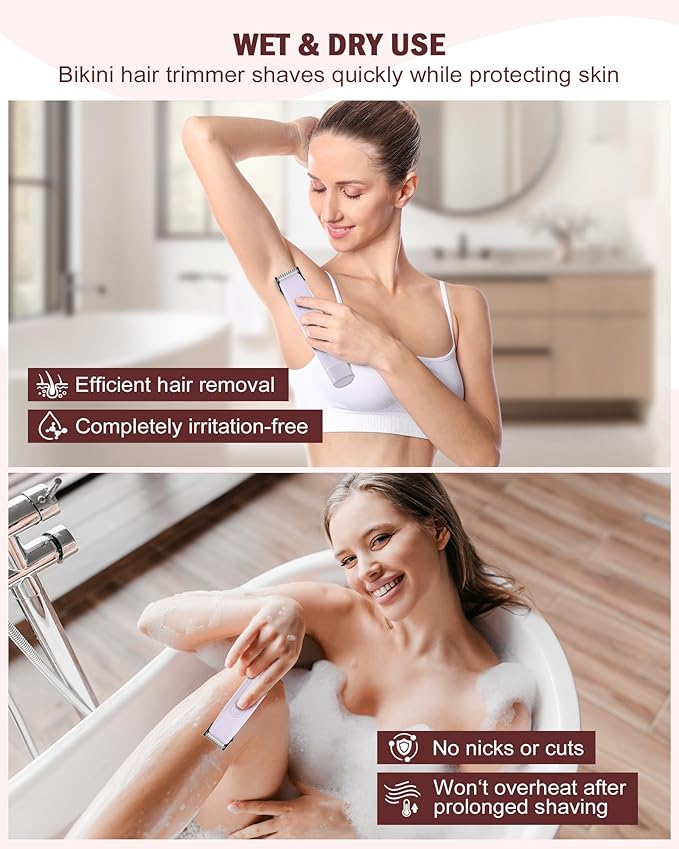 2 in 1 Women Electric Shaver - Dual Head Bikini Trimmer for Women Waterproof Wet & Dry Use Body Hair Trimmer and Facial Hair Remover, Painless Razors for Bikini Underarm Leg Arm Body Face, Purple