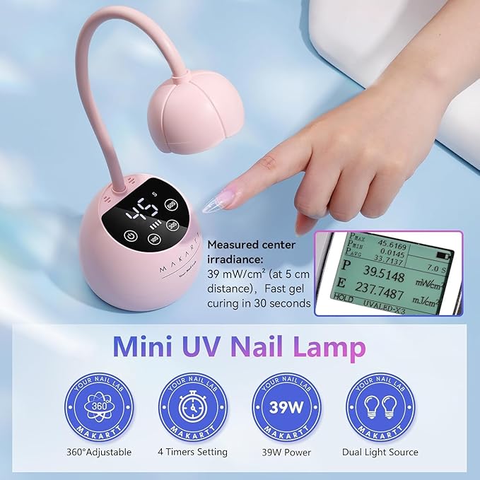 Makartt UV LED Nail Lamp - Gooseneck UV Light for Gel Nails Cherie Cordless USB 39W Nail Dryer Gel Lamp with 4 Times & Auto Sensor Professional Fast Flash Curing Polish Nail Art