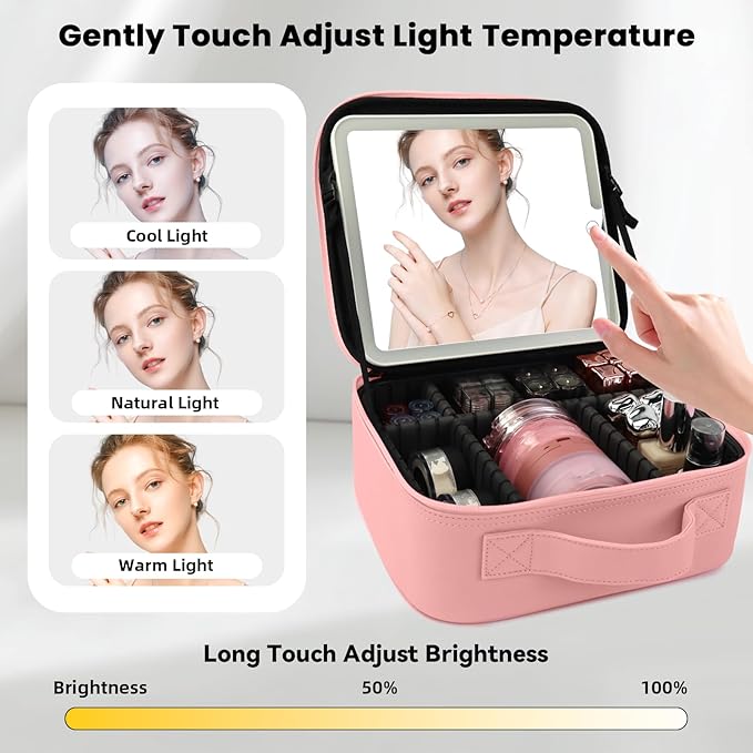 Travel Makeup Bag with LED Mirror Makeup Case with Light Up Mirror Portable Cosmetic Brush Organizer Bag with Adjustable Dividers for Cosmetics Makeup Brushes Toiletry (Pink)