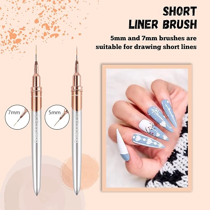 Liner Brush for Nails, 6Pcs Thin Nail Art Brushes Professional Nail Detail Brush for Gel Polish Sizes 5/7/9/11/15/25mm (Silver and Golden)