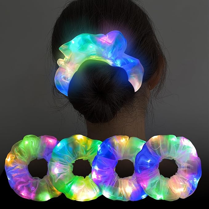 4Pcs Light Up Scrunchies Halloween Hair Tie, LED Neon Hair Accessories for Women & Girls, Glow in the Dark Party Supplies Sleepover Party Favor Rave Accessory