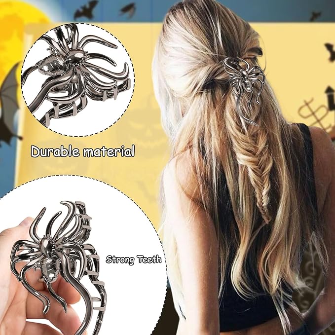 3 Pcs Halloween Hair Claw Clips Hair Accessories for Women Girls, Gothic Black Metal Spider Large Medium Size Catch Clips for thick Hair Styling Tool Holiday Gifts(Black Gun)