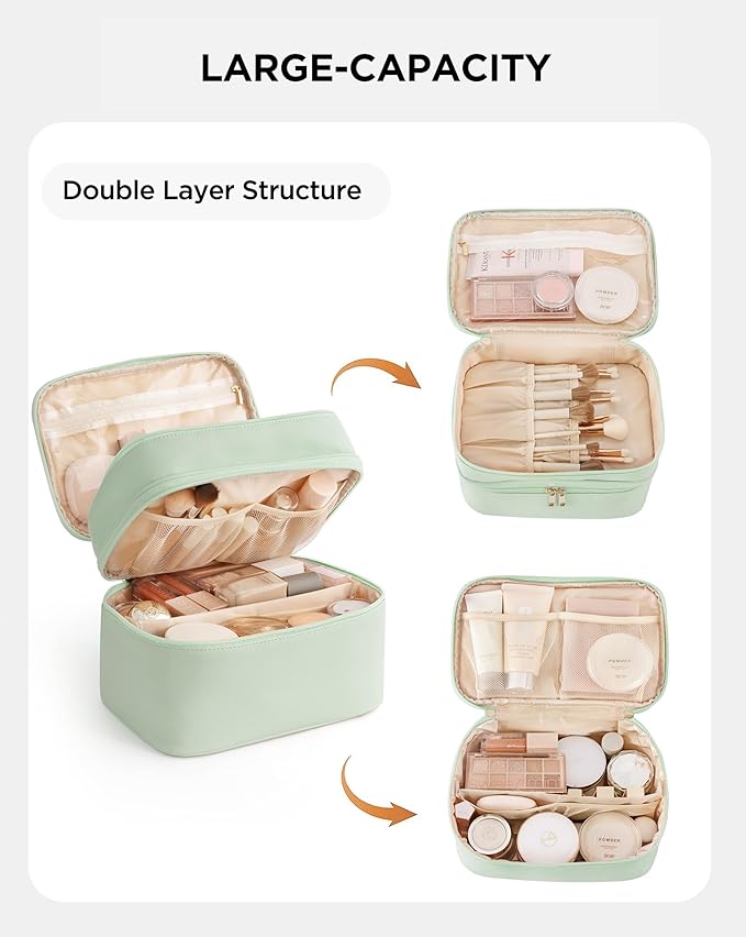 Makeup Bag for Women X-Large Travel Makeup Bag Organizer Portable Toiletry Bag Cute Makeup Bags Waterproof Leather Cosmetic Bag Makeup Case with Removable Dividers, Green