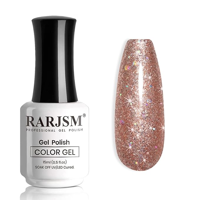 RARJSM Glitter Gel Nail Polish Rose Gold Sparkly Iridescent Rainbow Shimmer Metallic Pink Holographic Nail Gelpolish Soak off L e d U V Curing Required High Pigments for Home Manicure Nail Art 15ml