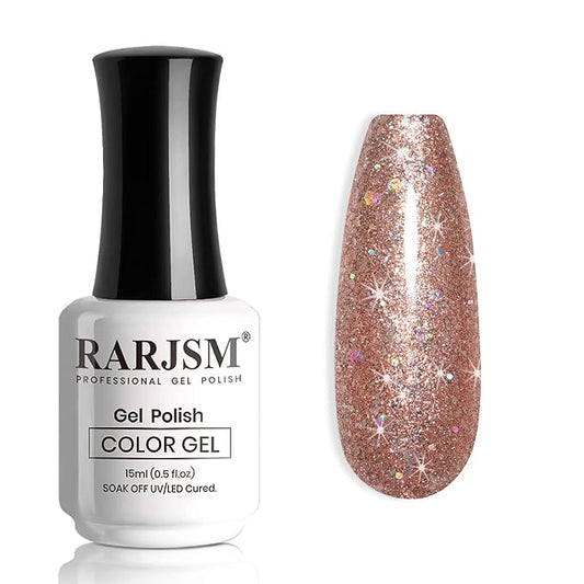 RARJSM Glitter Gel Nail Polish Rose Gold Sparkly Iridescent Rainbow Shimmer Metallic Pink Holographic Nail Gelpolish Soak off L e d U V Curing Required High Pigments for Home Manicure Nail Art 15ml
